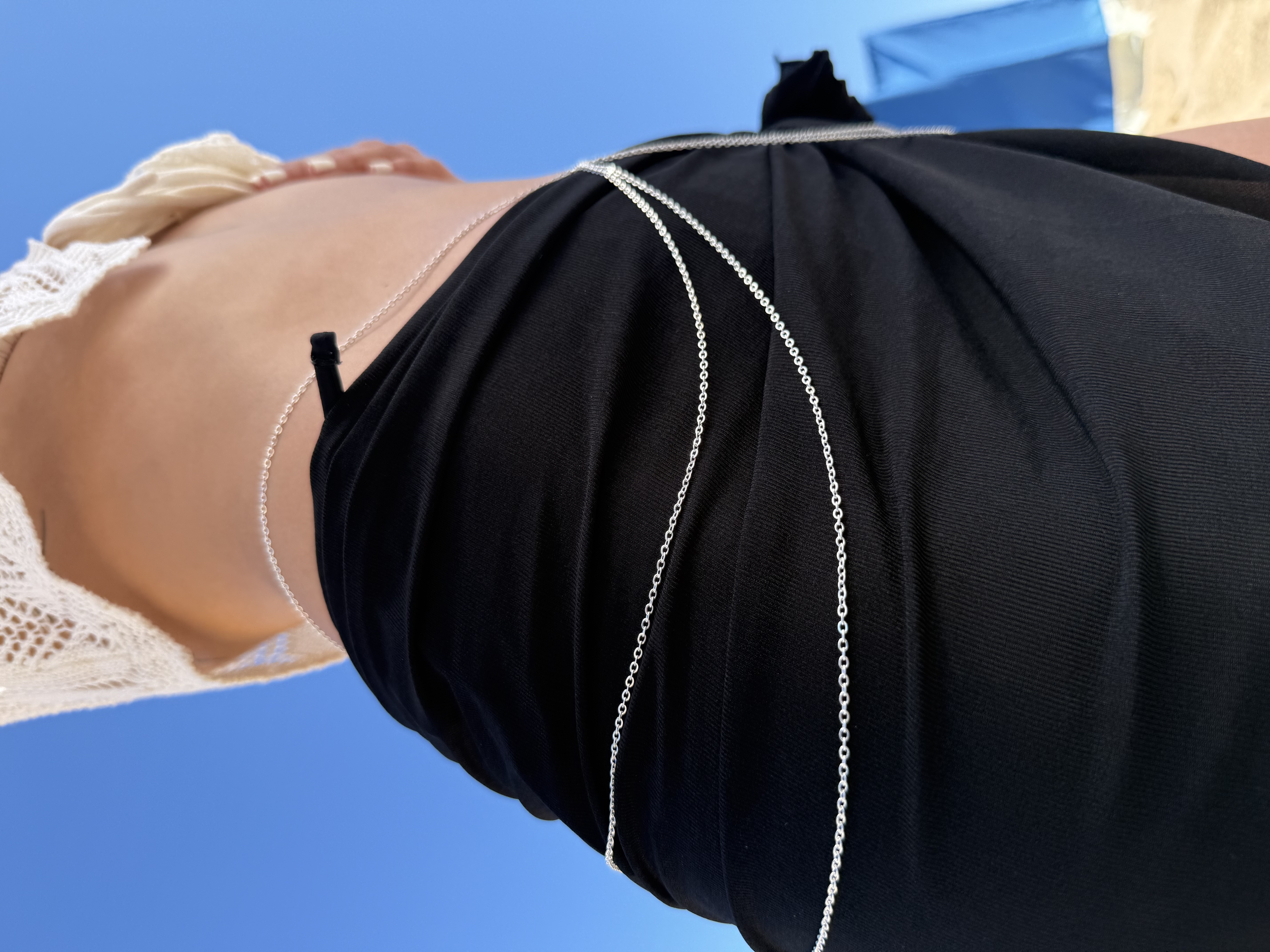 Silver-tone stainless steel layered hip chain for festival and beach wear, waterproof belly body chain