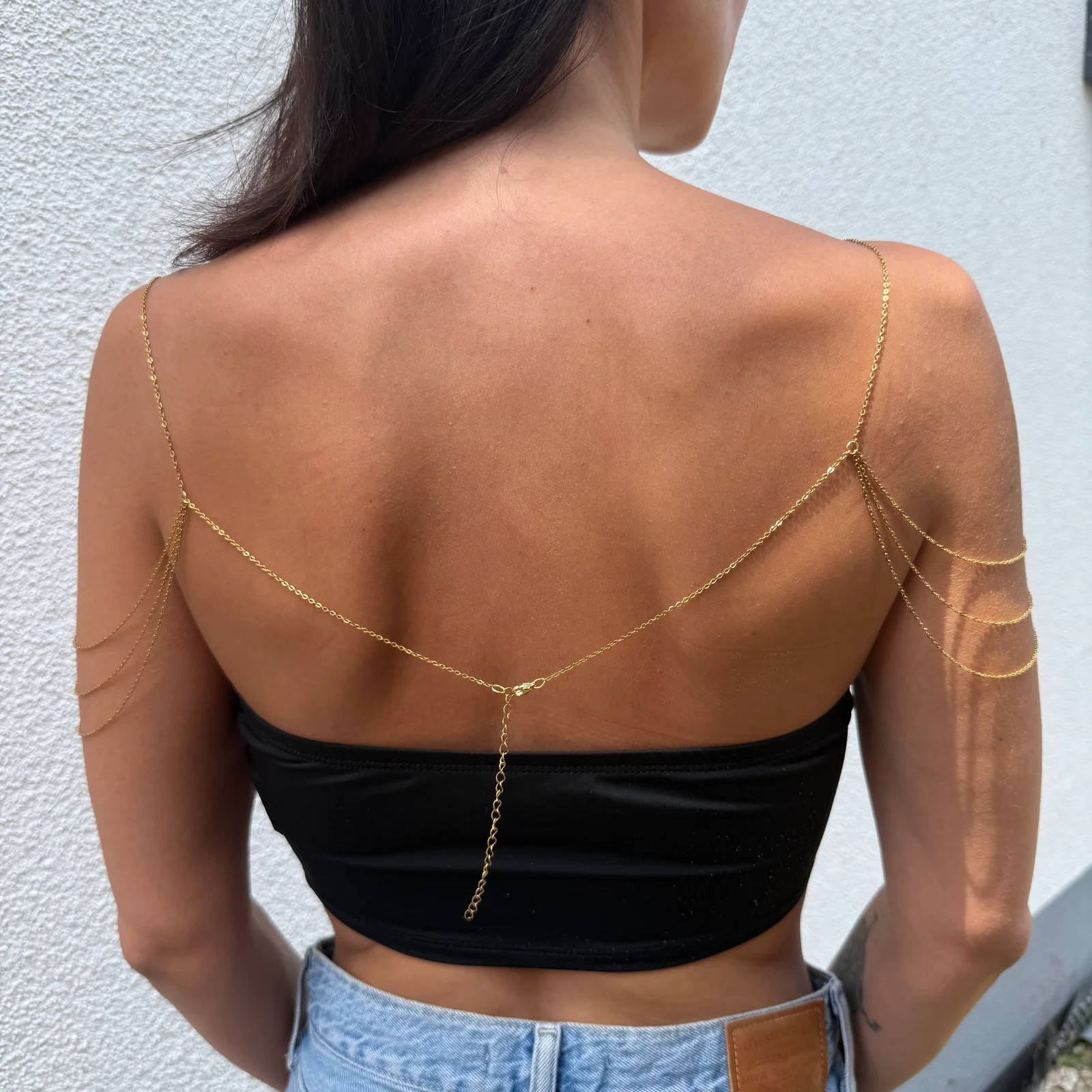 Delicate gold tone stainless steel shoulder chest chain for layered statement jewelry styling