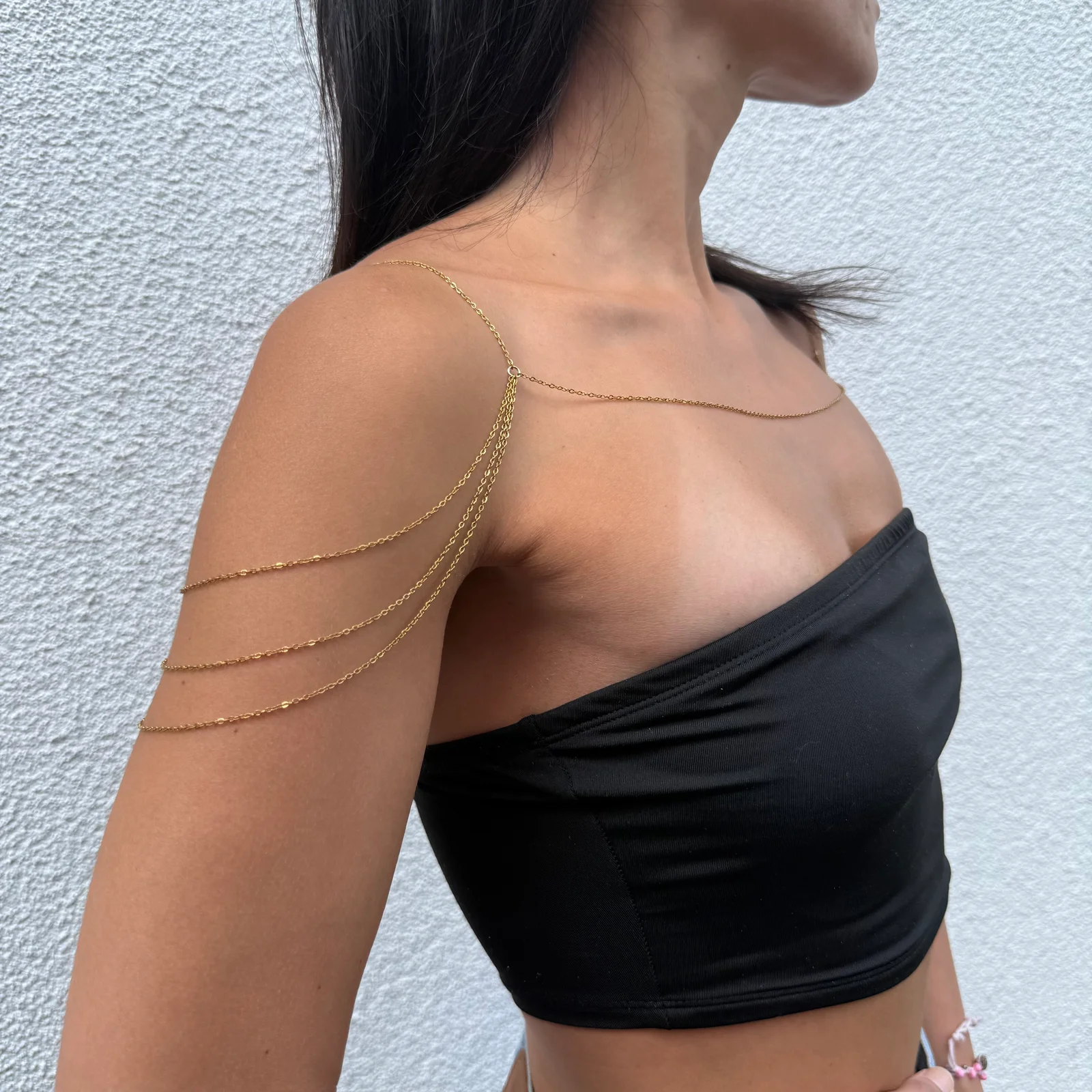 Delicate gold tone stainless steel shoulder chest chain for layered statement jewelry styling
