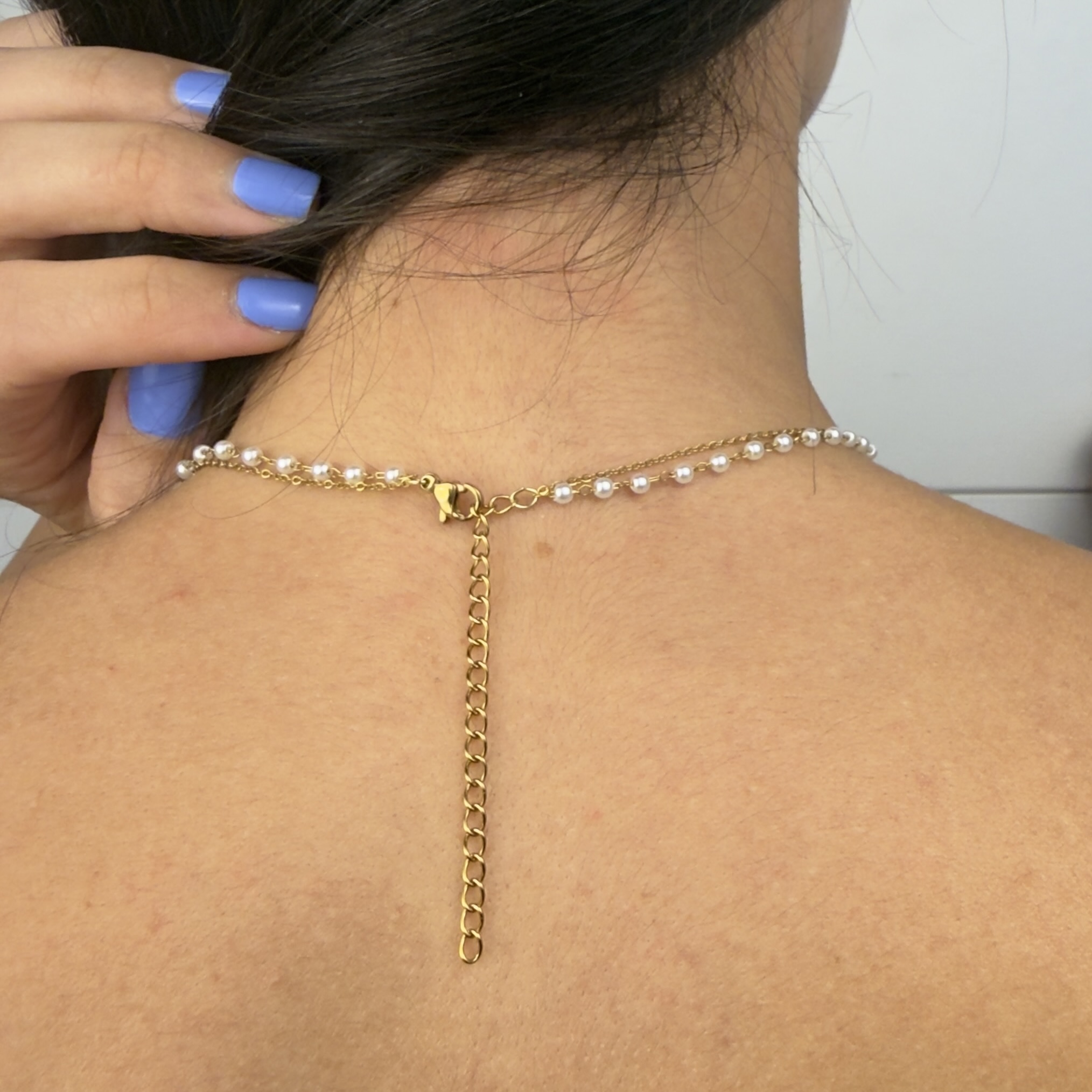 Personalized initial heart pendant necklace layered with pearl bead chain, gold-tone stainless steel choker