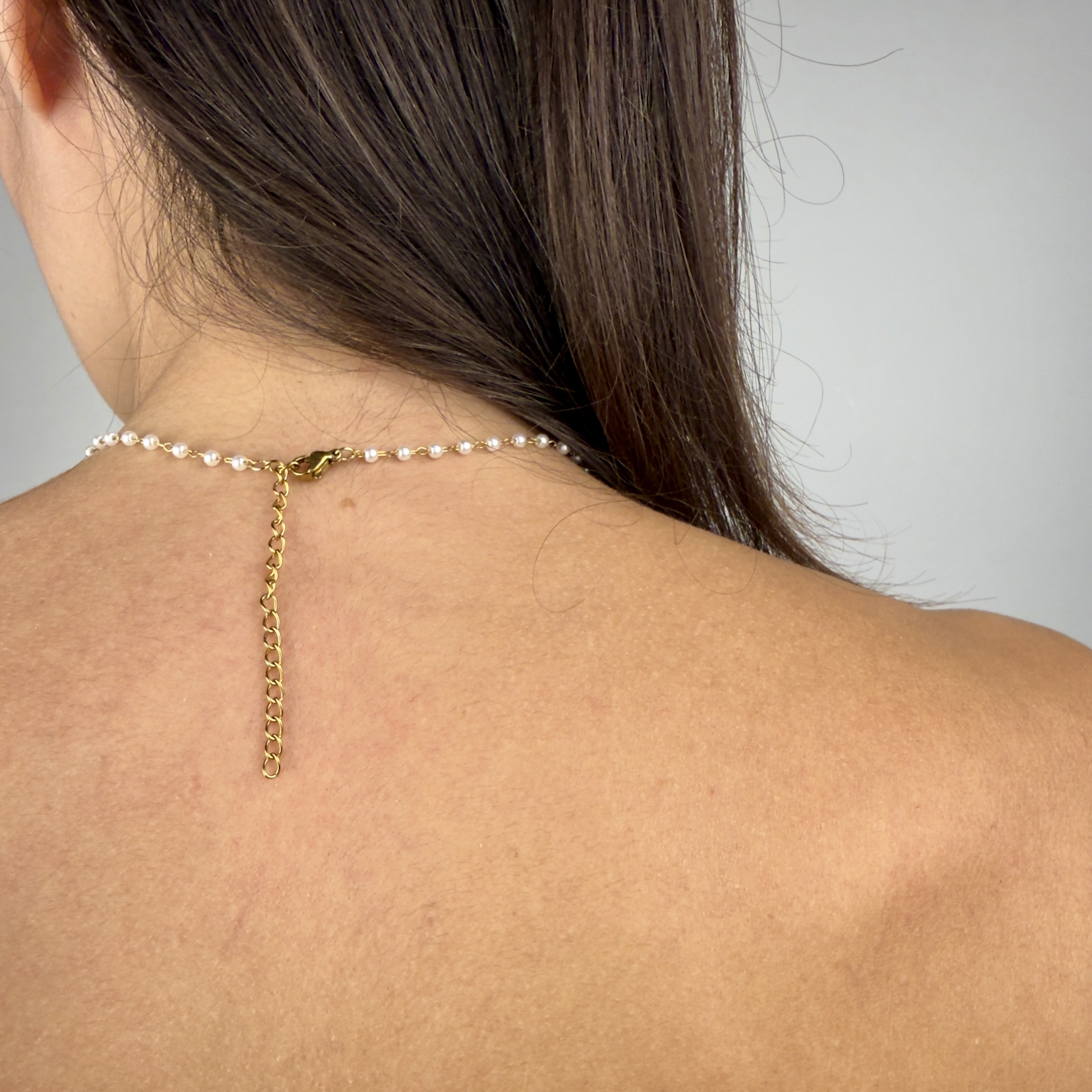 Dainty gold-tone stainless steel rosary pearl chain choker with cross pendant, waterproof necklace for women