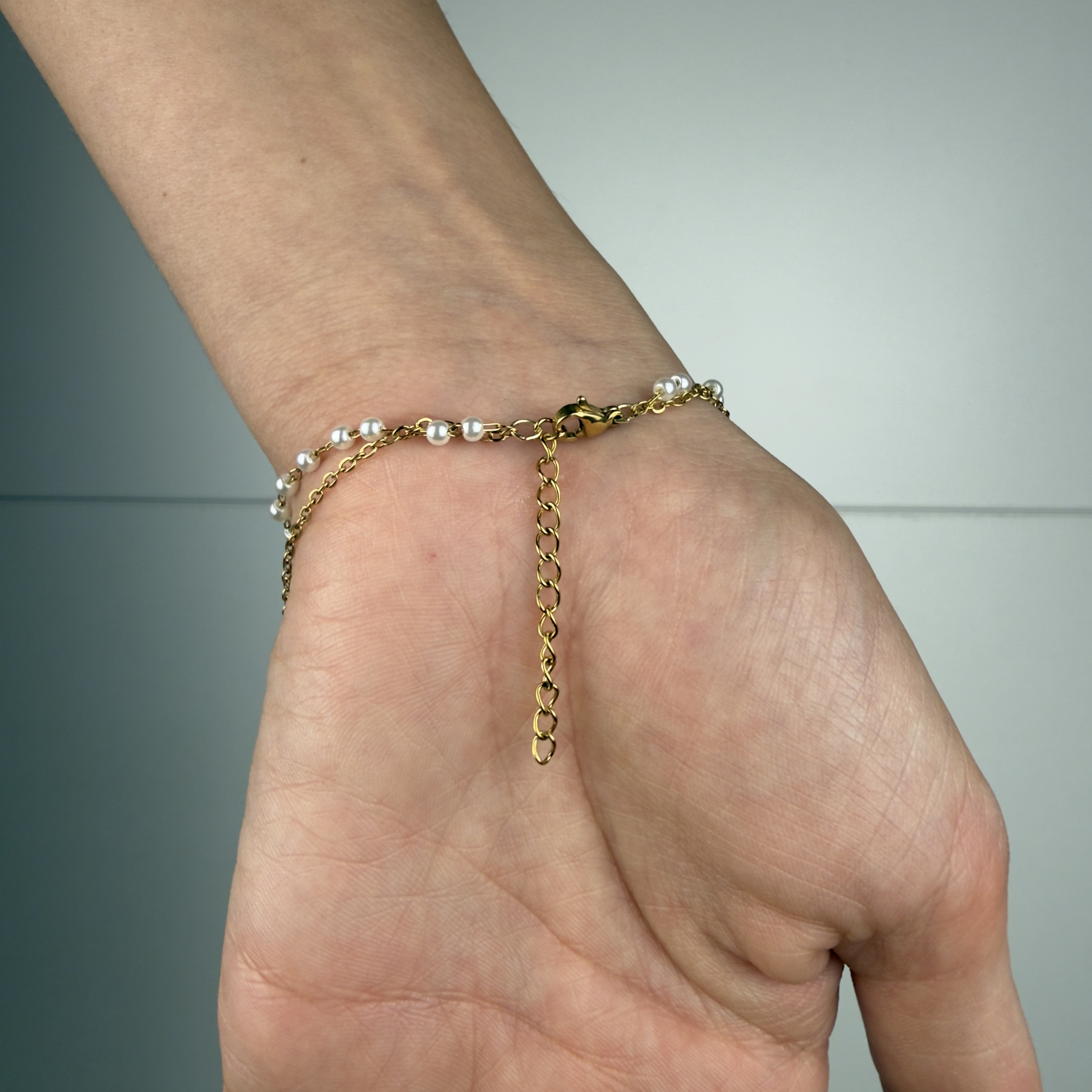 Gold and silver stainless steel pearl hand chain with dangling cross pendant, waterproof faith jewelry for confirmation and communion gifts