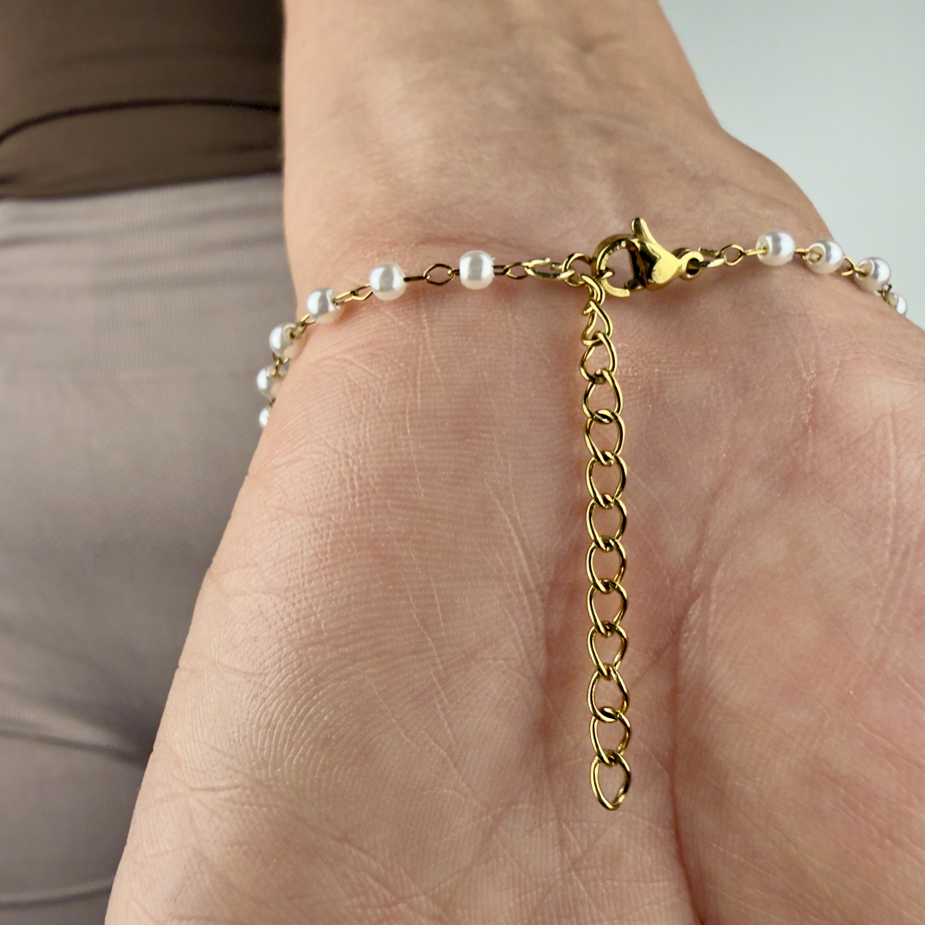 Gold and silver stainless steel pearl rosary bracelet with cross charm, confirmation and baptism gift