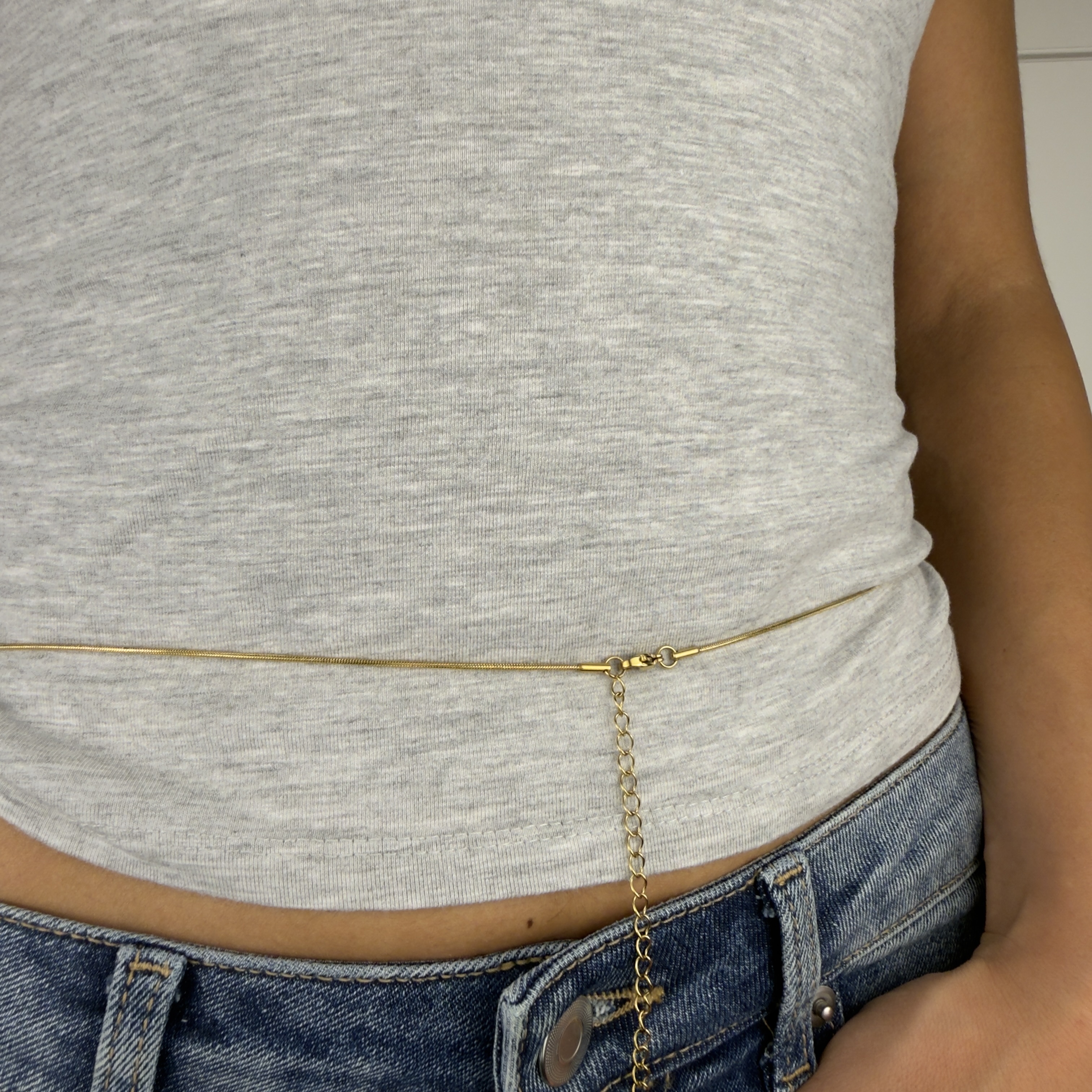 Gold and silver stainless steel snake chain belly chain with detailed dragonfly charm, adjustable waist chain