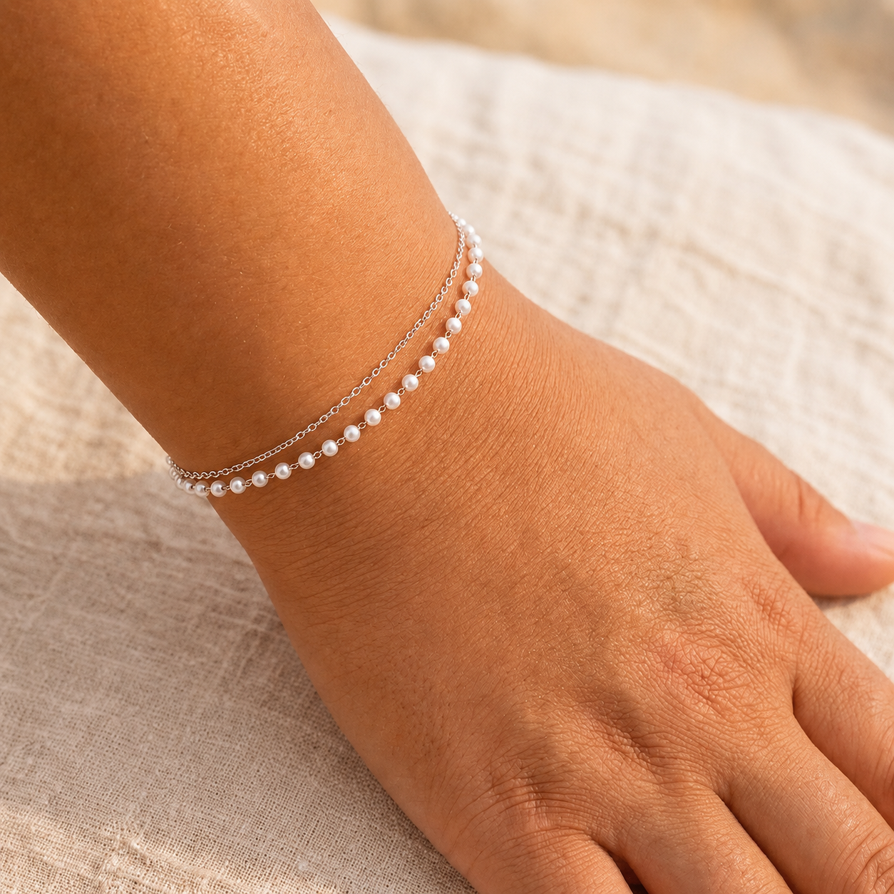 Plus size gold and silver stainless steel faux pearl bracelet, adjustable double-strand wrist chain for curvy women, six fitted sizes