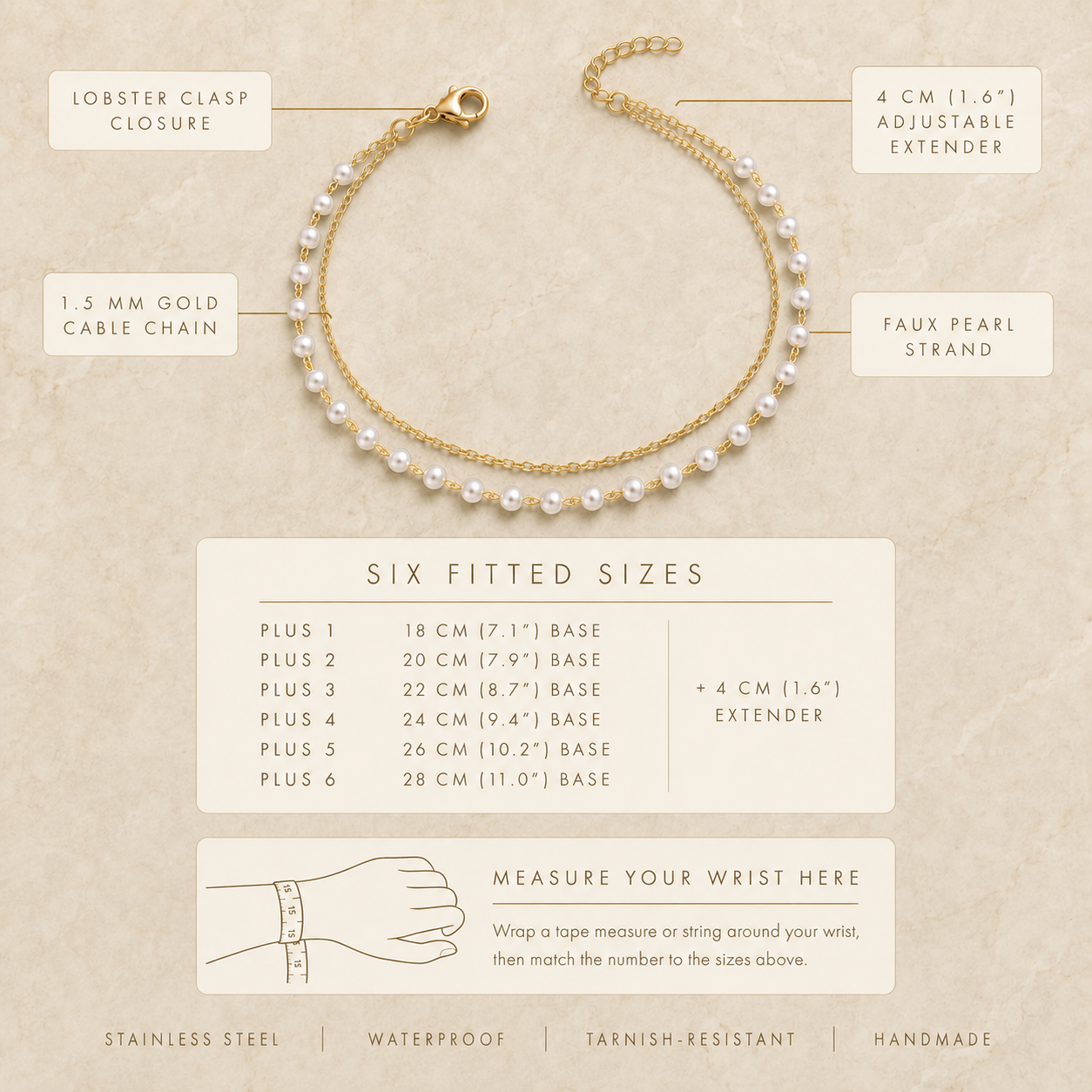 Plus size gold and silver stainless steel faux pearl bracelet, adjustable double-strand wrist chain for curvy women, six fitted sizes