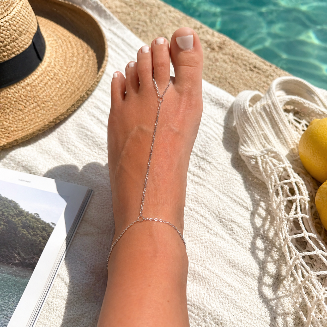 Delicate gold stainless steel barefoot toe chain anklet, waterproof beach jewelry for summer vacation days