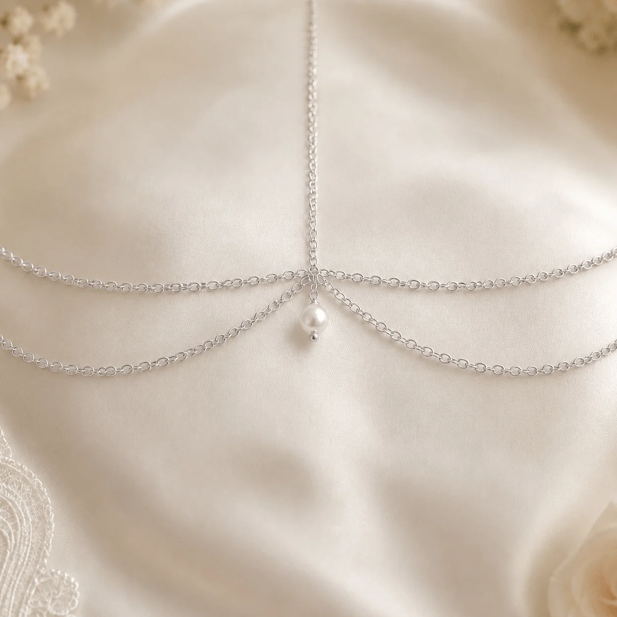 Delicate gold-tone stainless steel pearl bridal head chain draped across hairline for wedding hairstyles