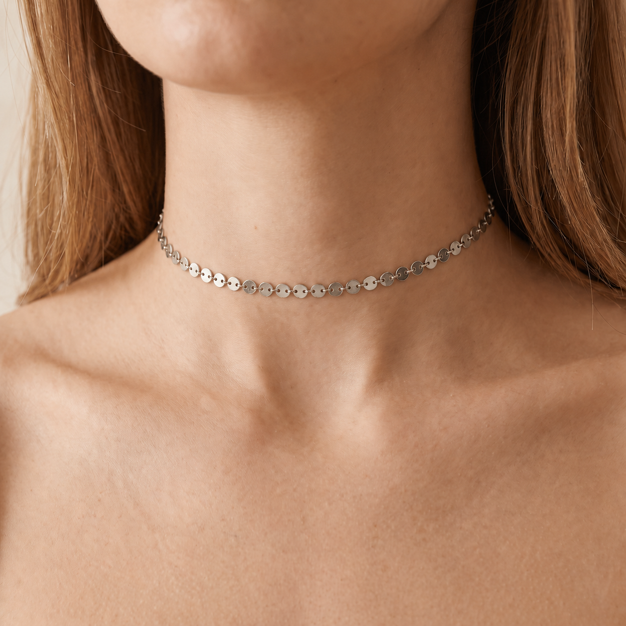 Coin disc chain choker necklace in gold and silver tone stainless steel, waterproof and tarnish-resistant minimalist layering necklace
