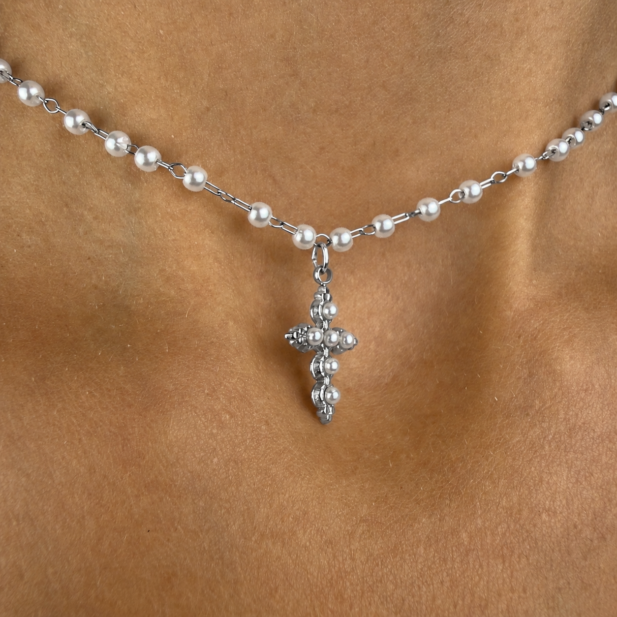 Dainty gold-tone stainless steel rosary pearl chain choker with cross pendant, waterproof necklace for women