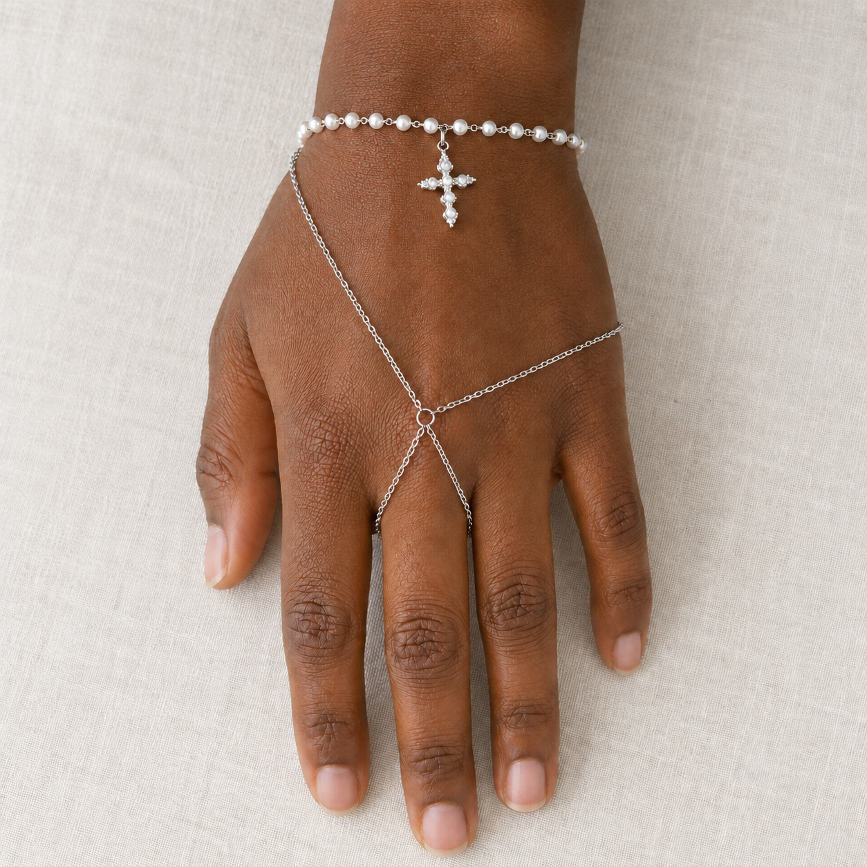 Gold and silver stainless steel pearl hand chain with dangling cross pendant, waterproof faith jewelry for confirmation and communion gifts