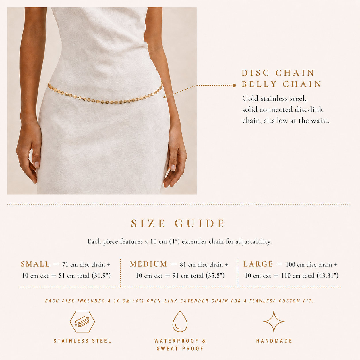 Gold-tone stainless steel disc-link chain belt, waterproof and adjustable waist belt