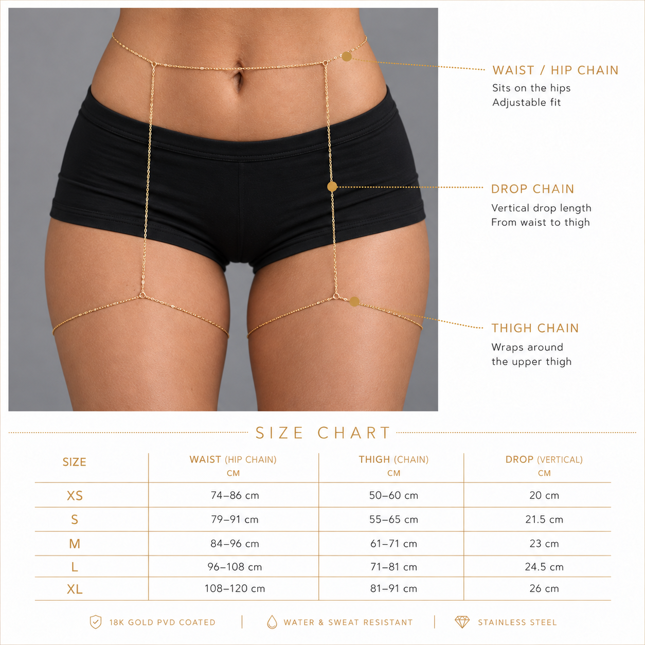 Gold-tone stainless steel double thigh chain and belly chain for beach and festival wear