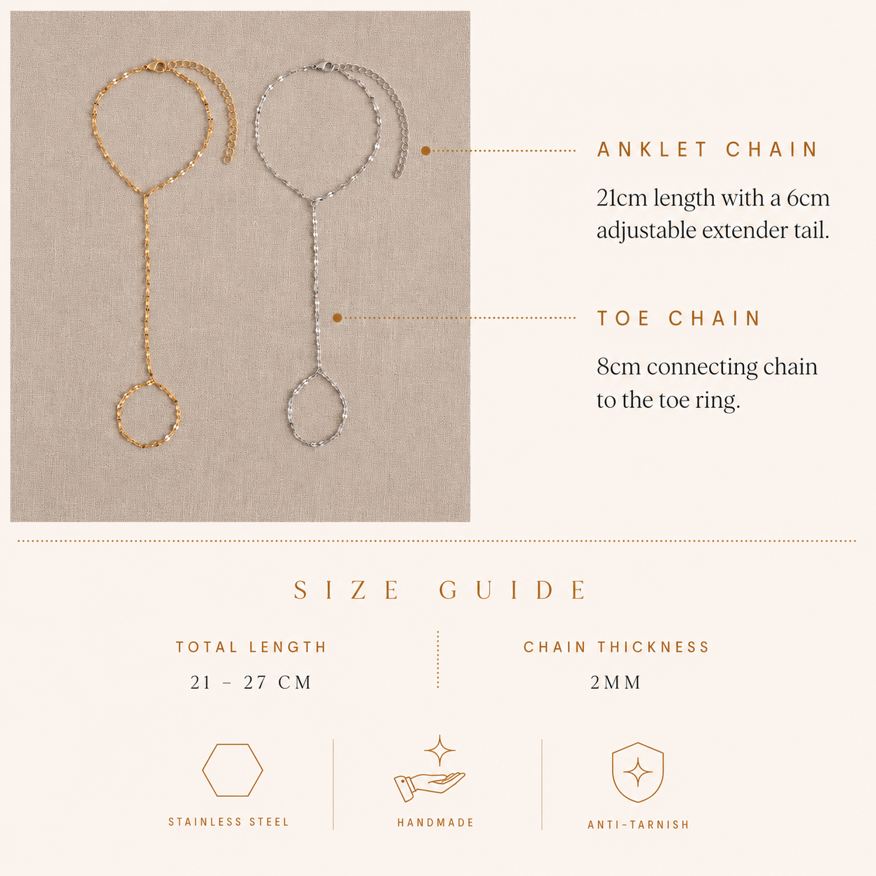 Gold and silver stainless steel mirror link barefoot sandal, adjustable ankle to toe foot chain