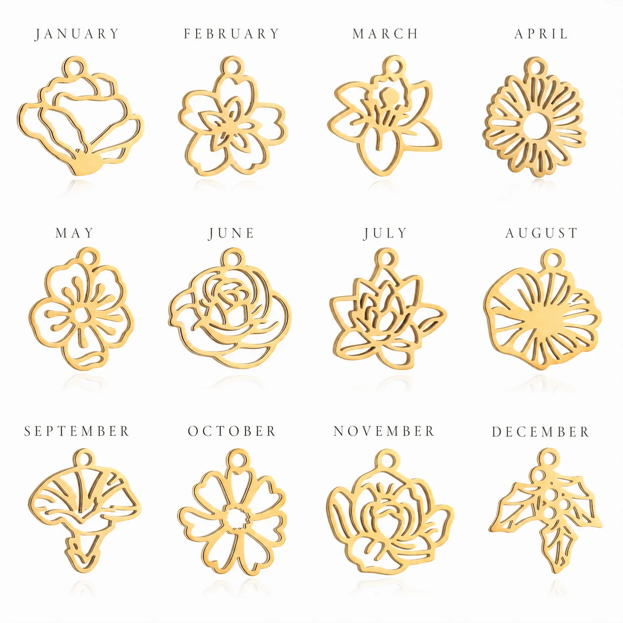 Delicate gold tone stainless steel birth flower charm bracelet for everyday wear and special occasions
