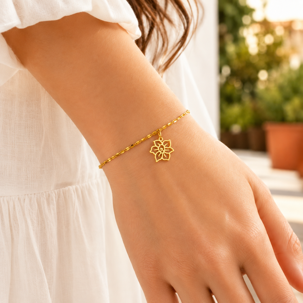 Gold tone dainty charm bracelet with birth flower pendant, handcrafted 316L stainless steel jewelry for women