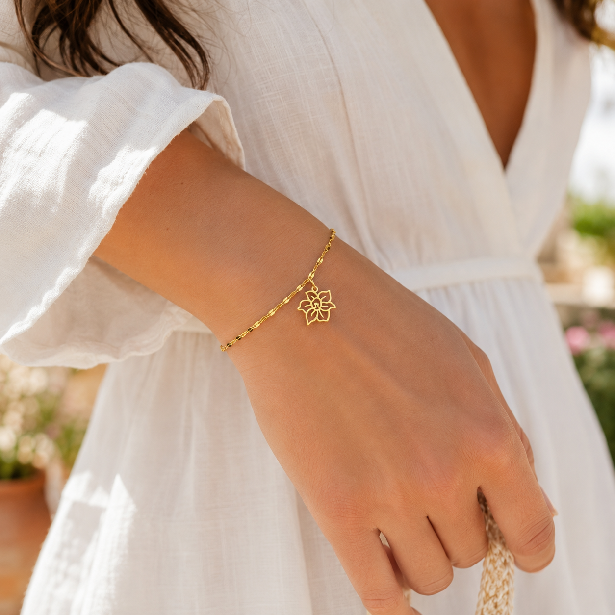Gold tone dainty charm bracelet with birth flower pendant, handcrafted 316L stainless steel jewelry for women
