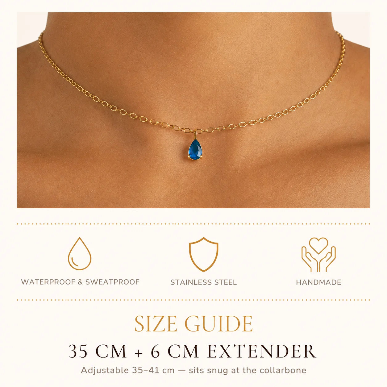 Delicate gold-tone birth month teardrop choker necklace with gemstone pendant, stainless steel waterproof design