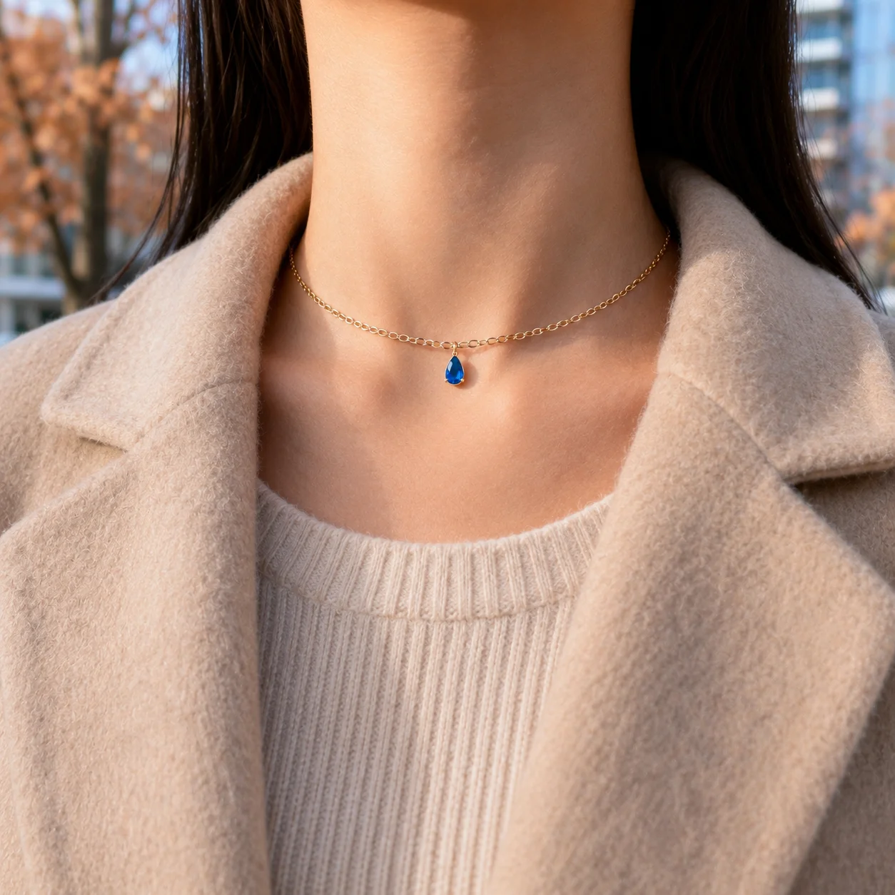 Delicate gold-tone birth month teardrop choker necklace with gemstone pendant, stainless steel waterproof design