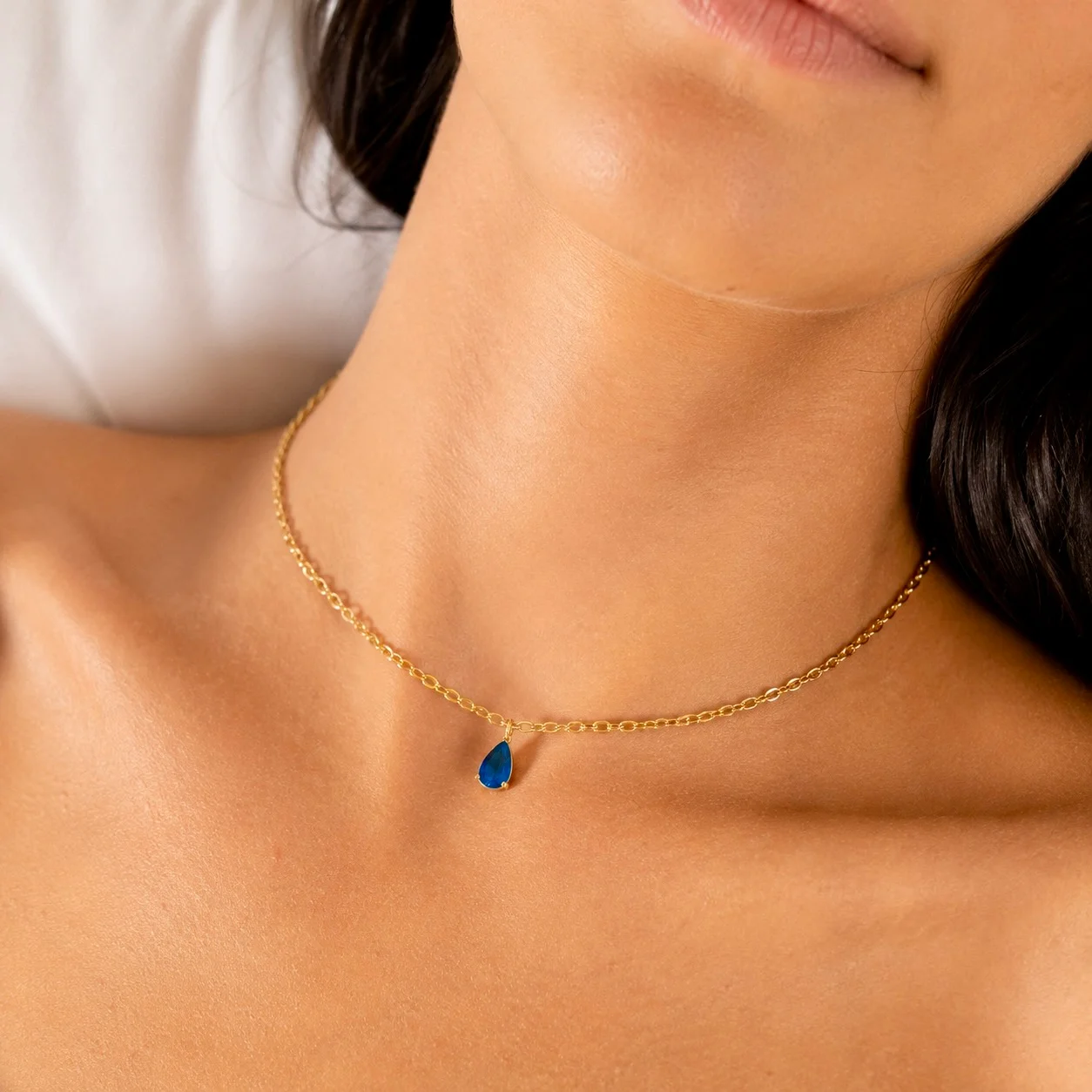 Delicate gold-tone birth month teardrop choker necklace with gemstone pendant, stainless steel waterproof design