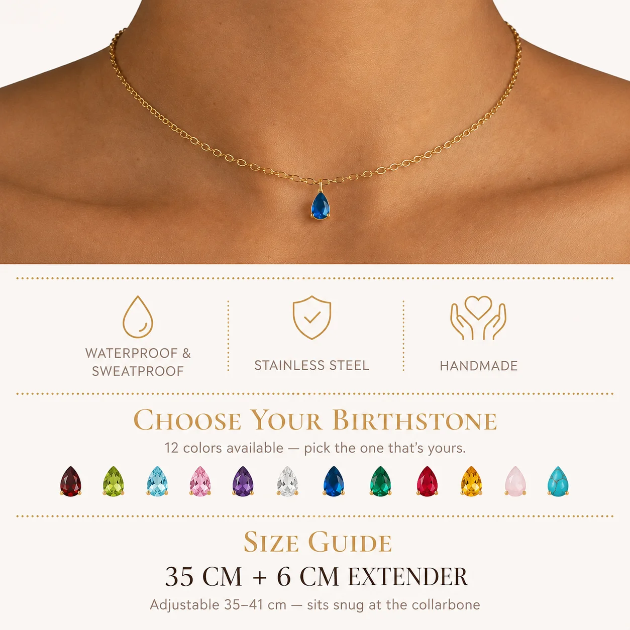 Delicate gold-tone birth month teardrop choker necklace with gemstone pendant, stainless steel waterproof design