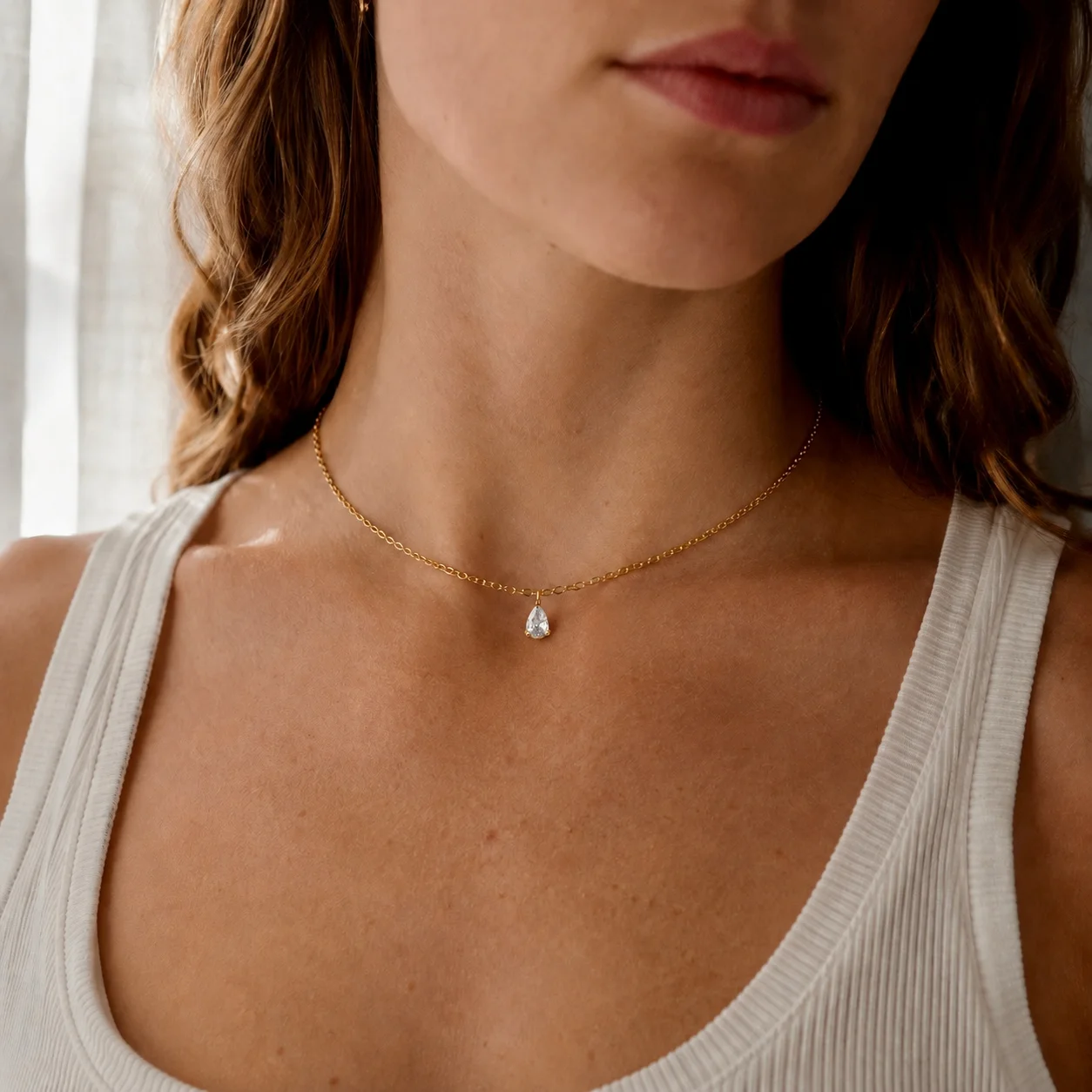 Delicate gold-tone birth month teardrop choker necklace with gemstone pendant, stainless steel waterproof design