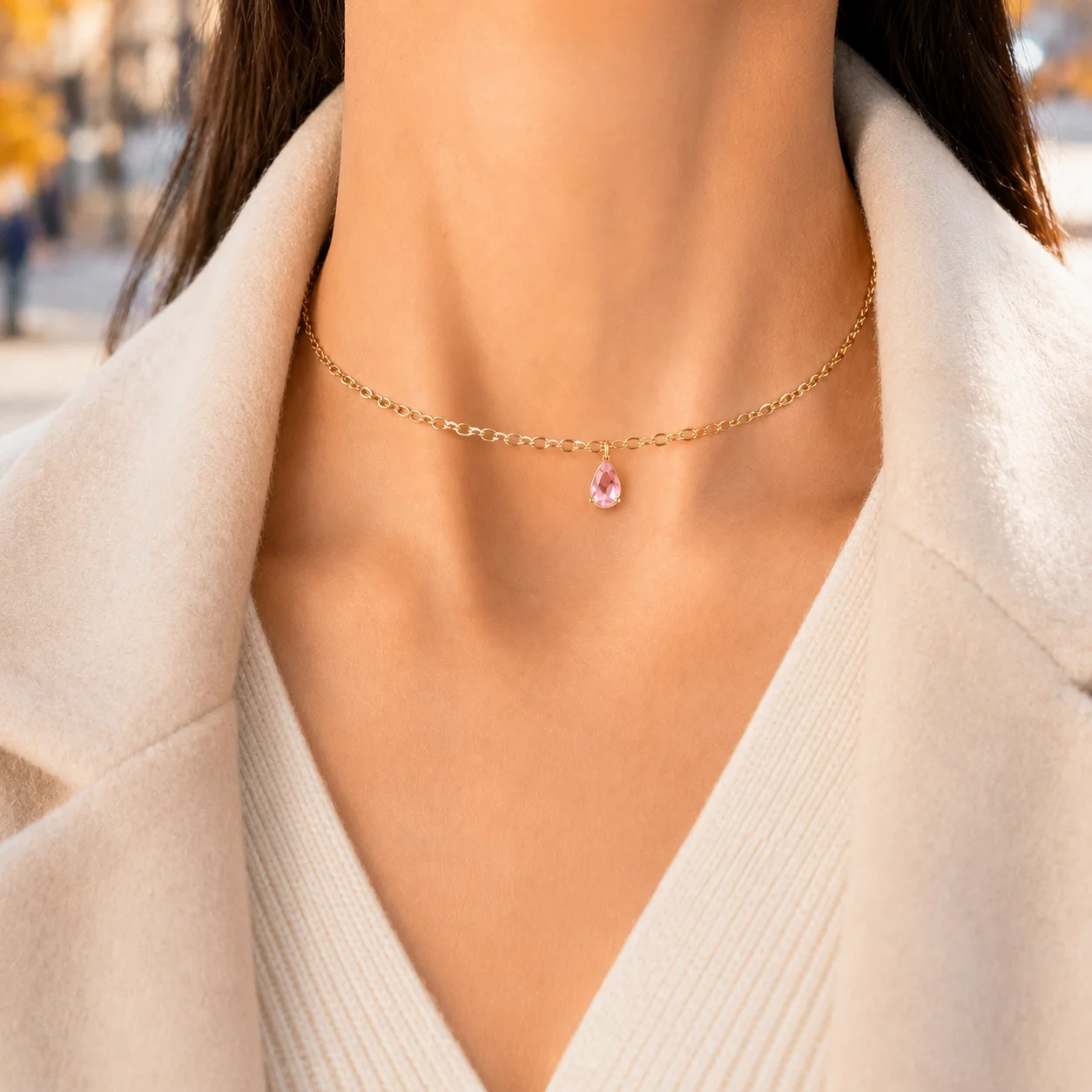 Delicate gold-tone birth month teardrop choker necklace with gemstone pendant, stainless steel waterproof design