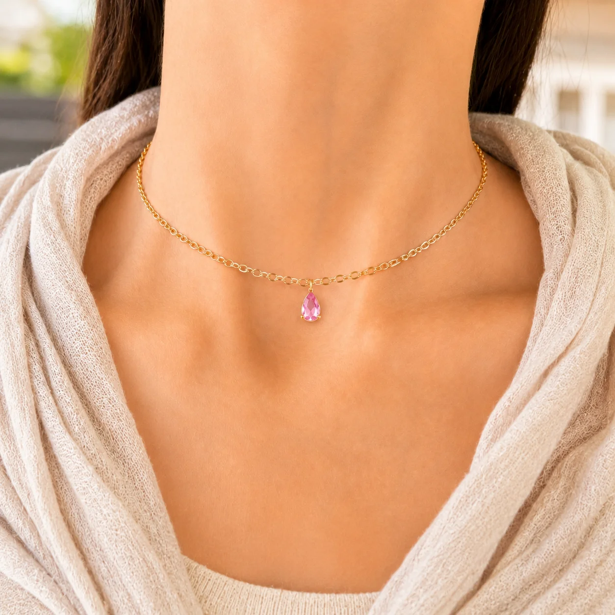 Delicate gold-tone birth month teardrop choker necklace with gemstone pendant, stainless steel waterproof design