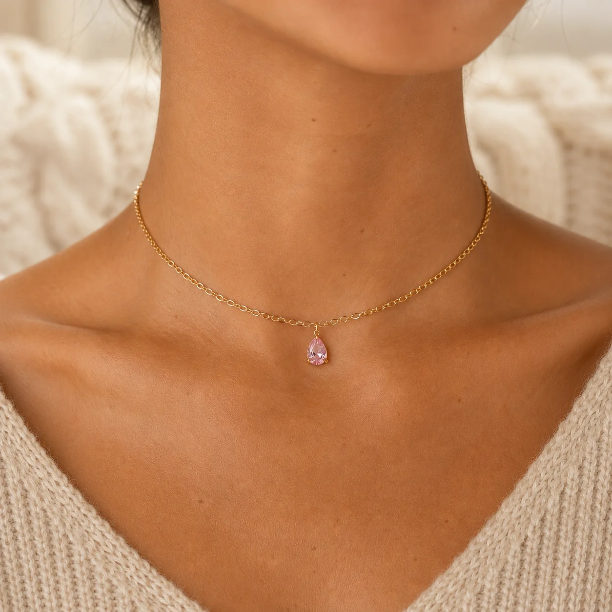 Delicate gold-tone birth month teardrop choker necklace with gemstone pendant, stainless steel waterproof design