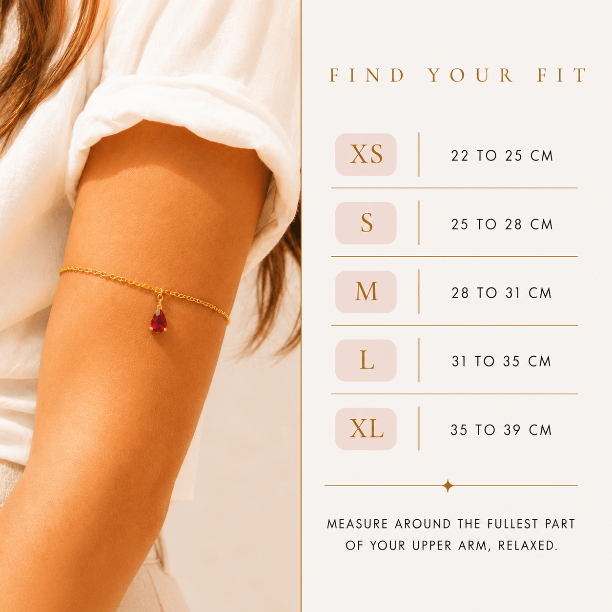 Dainty single-strand gold stainless steel birthstone arm band with teardrop gemstone, waterproof upper arm jewelry