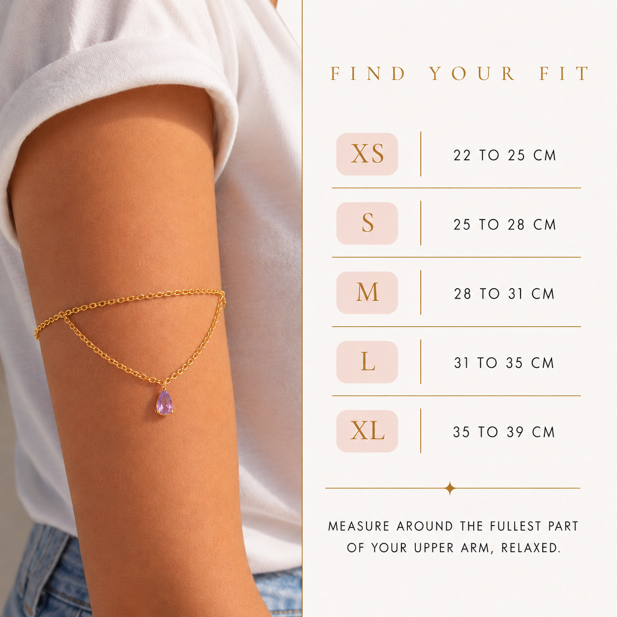 Gold birthstone arm chain with teardrop gemstone pendant — personalized upper arm cuff in stainless steel for beach, wedding, and everyday wear