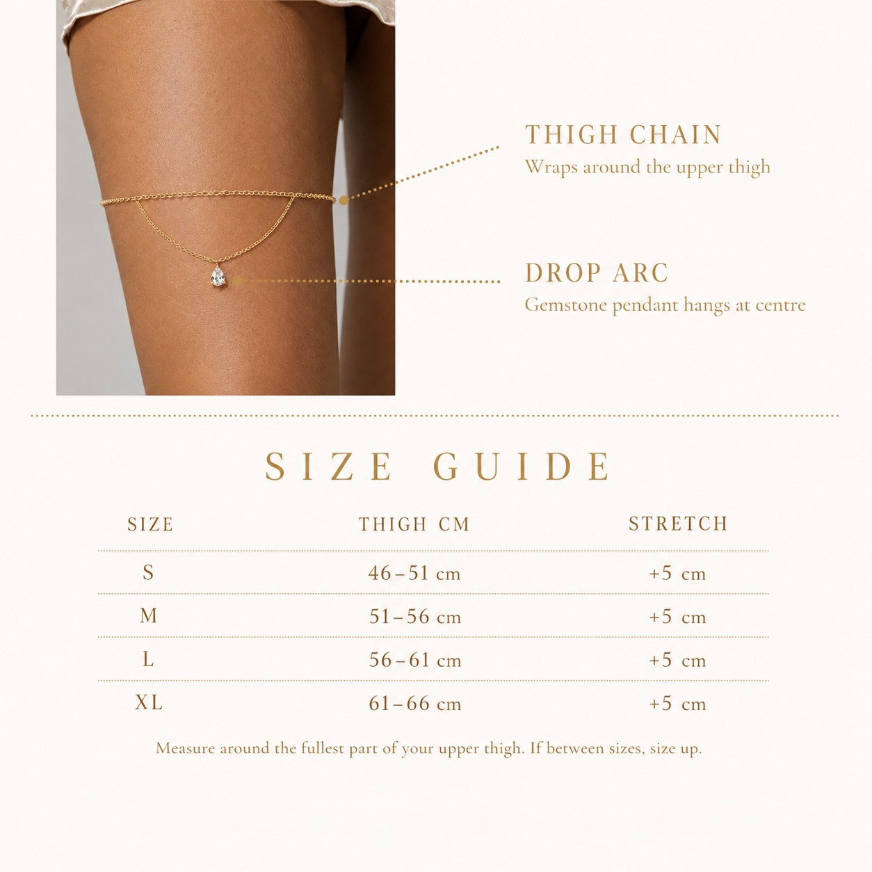 Birthstone thigh chain gold-tone stainless steel — dainty leg chain with teardrop gemstone pendant and arc drop, adjustable S to XL, waterproof personalized body jewelry handmade