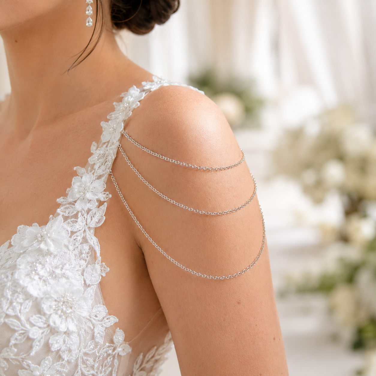 Gold tone stainless steel bridal shoulder chain for wedding dress, delicate shoulder jewelry detail