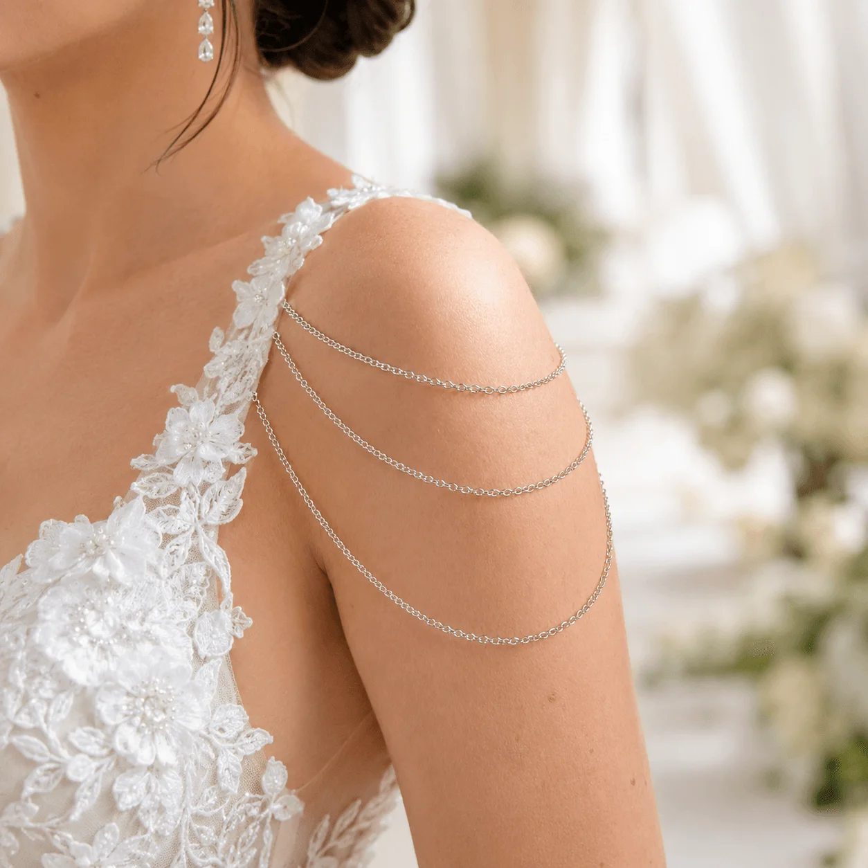 Delicate gold tone stainless steel bridal shoulder chain for minimalist wedding jewelry and special occasion wear