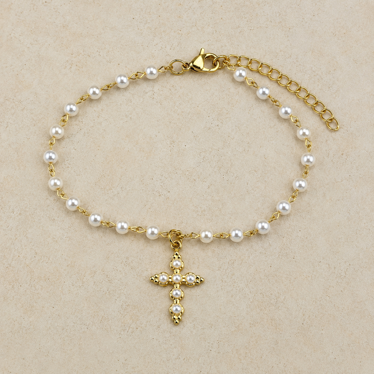 Gold and silver stainless steel pearl rosary bracelet with cross charm, confirmation and baptism gift