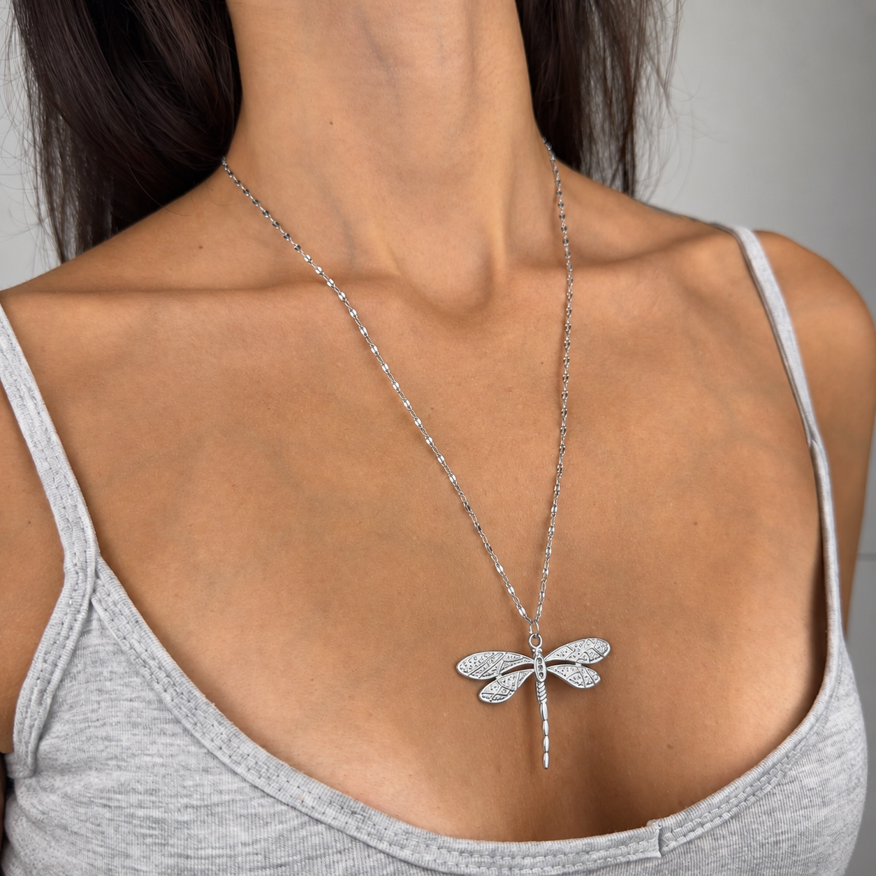 Gold and silver stainless steel mirror-link chain necklace with detailed dragonfly charm pendant