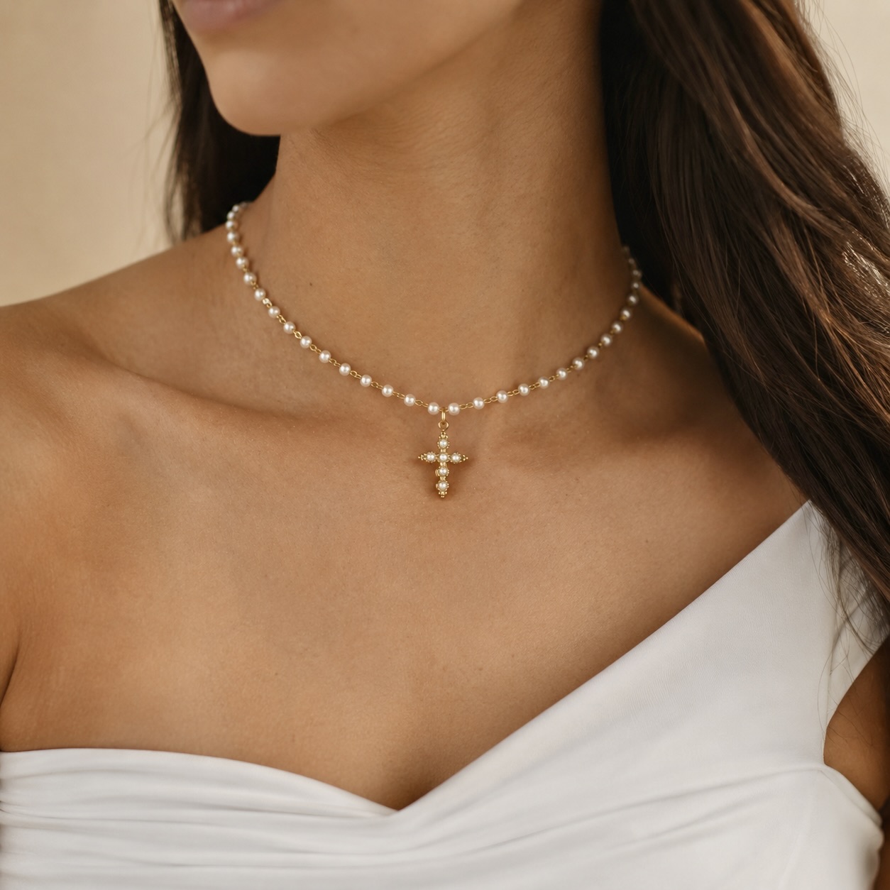 Dainty gold-tone stainless steel rosary pearl chain choker with cross pendant, waterproof necklace for women