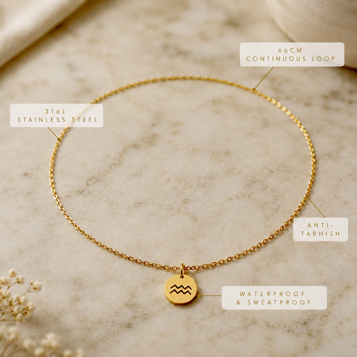 Curated layered necklace stack with pearl bead choker, cable chain, and zodiac pendant necklace in waterproof gold or silver stainless steel