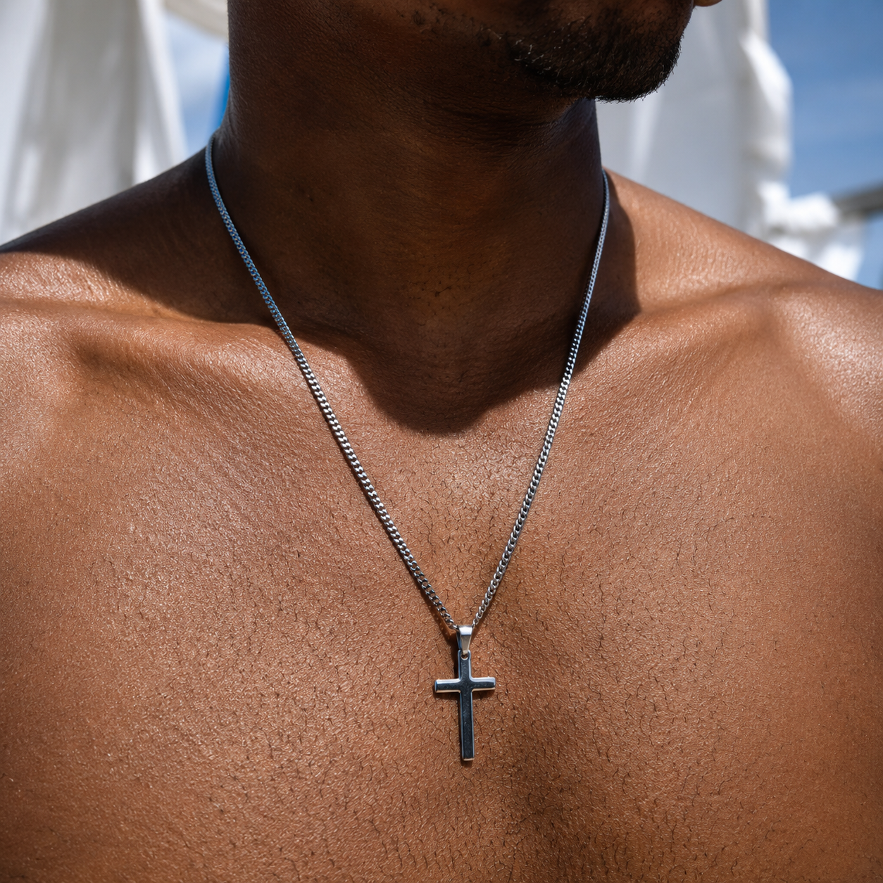 Curb chain cross pendant necklace for men in stainless steel, gold and silver tone, with or without pendant option
