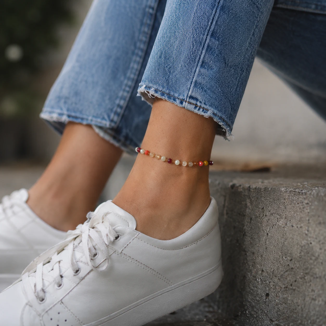 Colorful crystal bead beach anklet with gold-tone stainless steel chain, burgundy and coral beads for summer wear