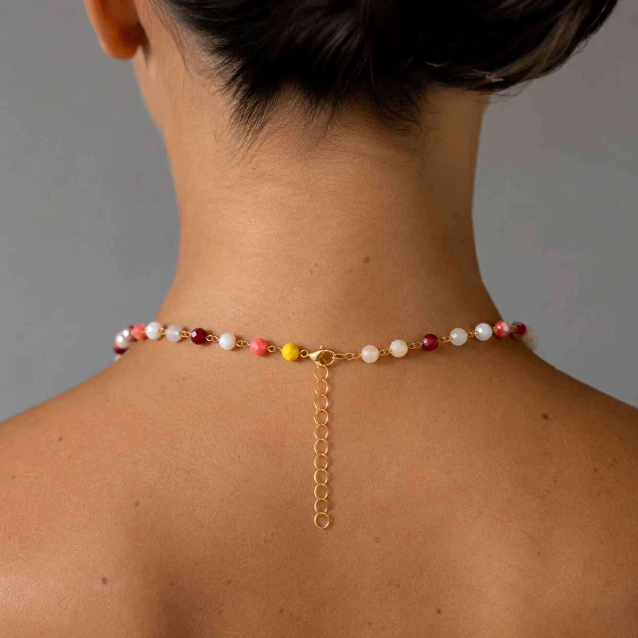 Colorful crystal bead choker necklace with faceted glass beads and gold-tone stainless steel chain for everyday wear