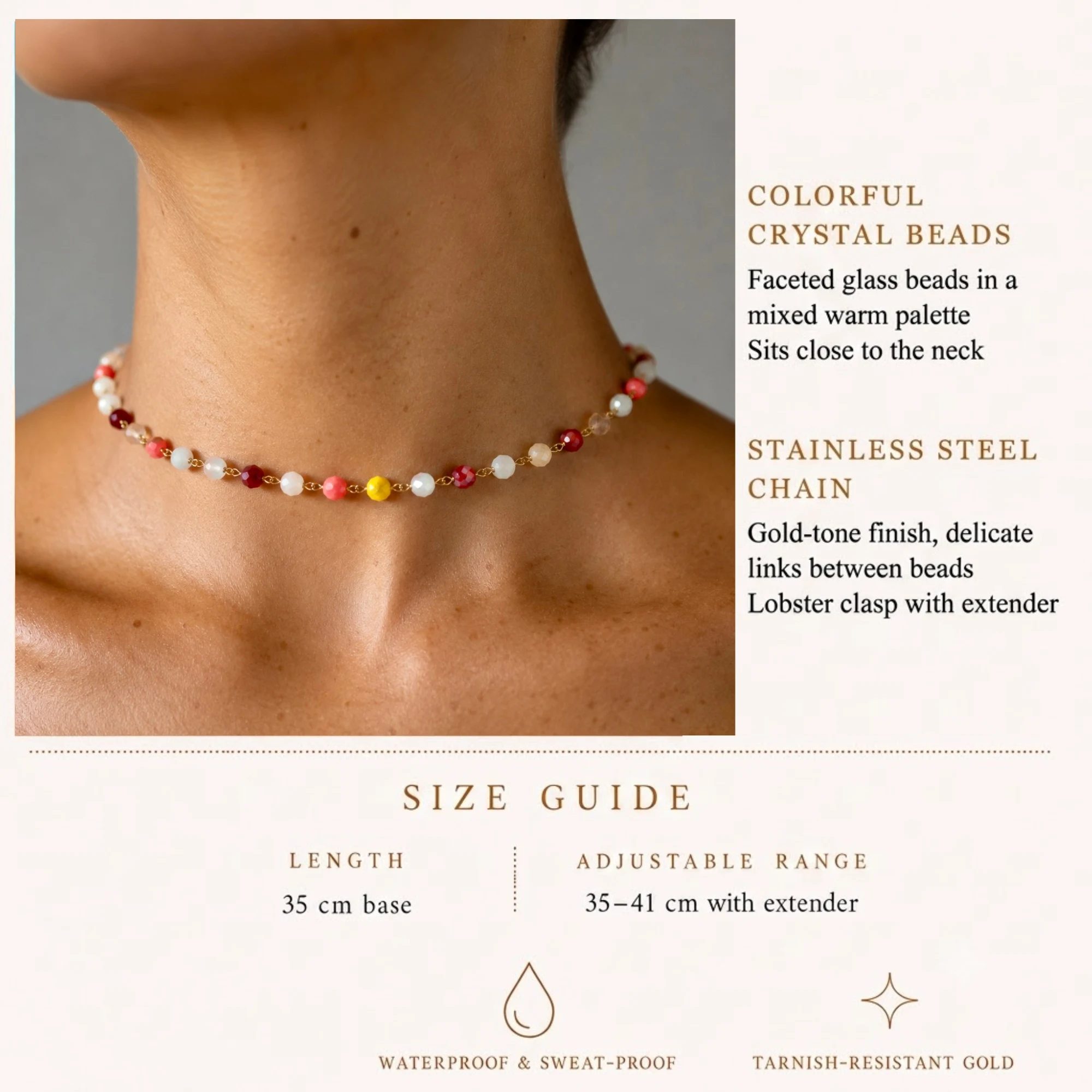 Colorful crystal bead choker necklace with faceted glass beads and gold-tone stainless steel chain for everyday wear