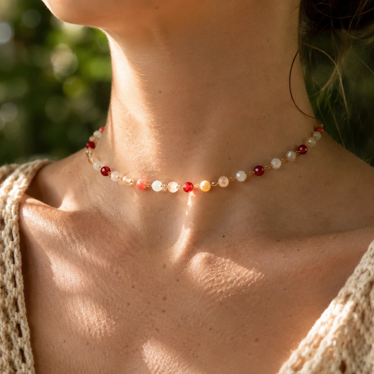 Colorful crystal bead choker necklace with faceted glass beads and gold-tone stainless steel chain for everyday wear