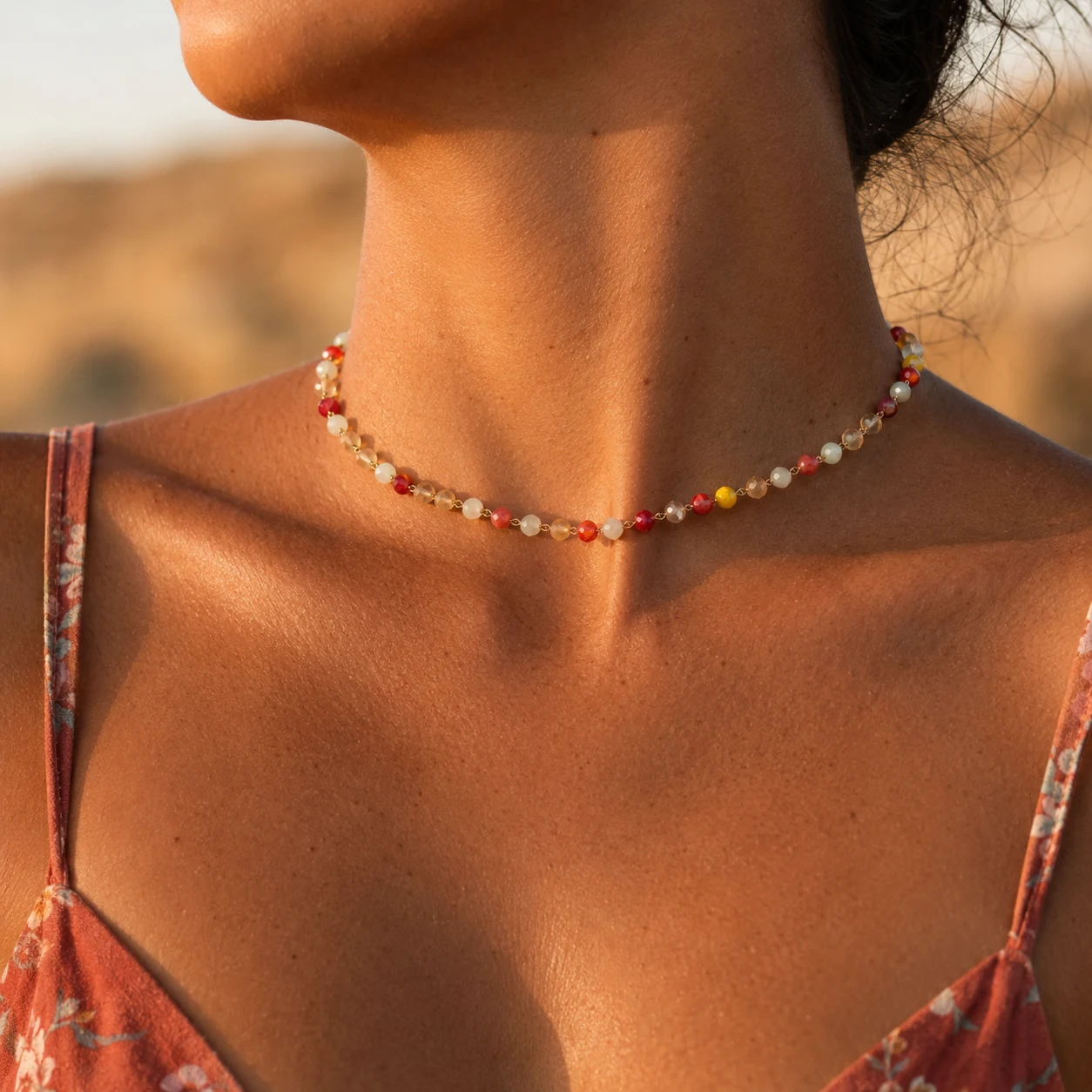 Colorful crystal bead choker necklace with faceted glass beads and gold-tone stainless steel chain for everyday wear