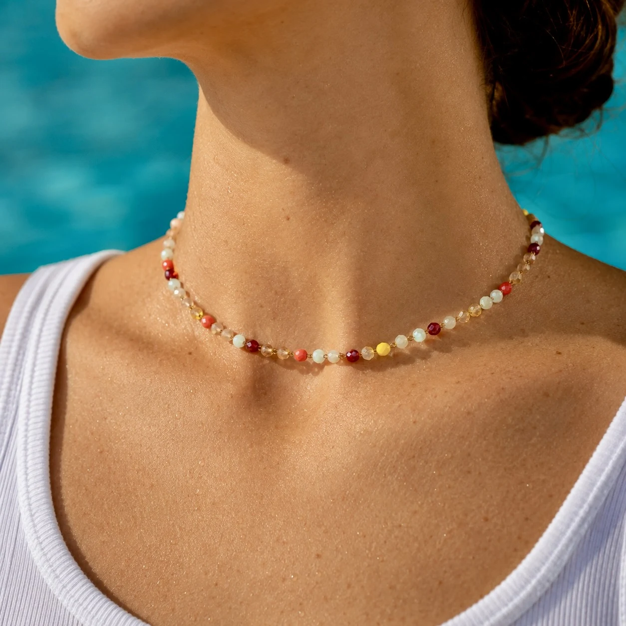 Colorful crystal bead choker necklace with faceted glass beads and gold-tone stainless steel chain for everyday wear