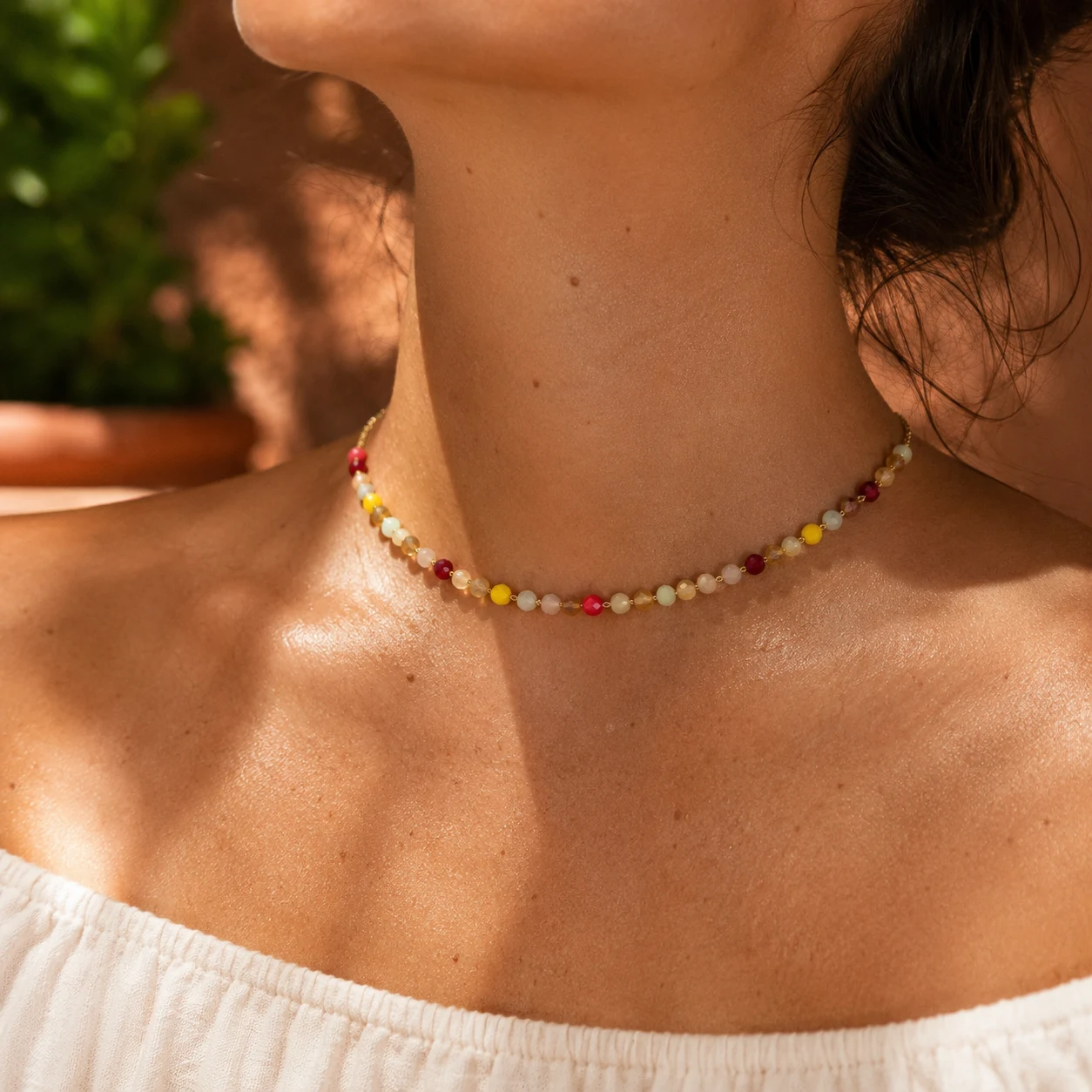 Colorful crystal bead choker necklace with faceted glass beads and gold-tone stainless steel chain for everyday wear