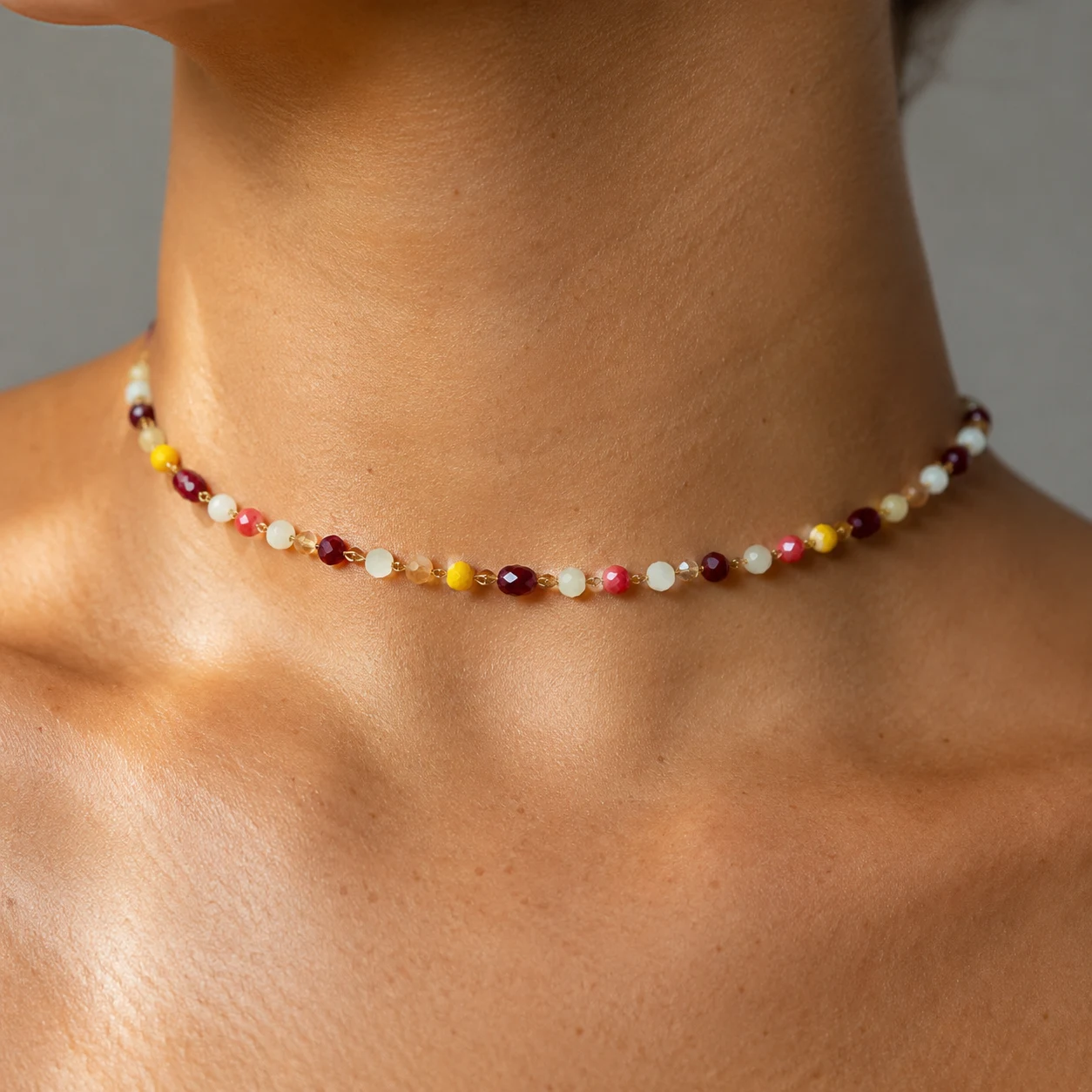 Colorful crystal bead choker necklace with faceted glass beads and gold-tone stainless steel chain for everyday wear