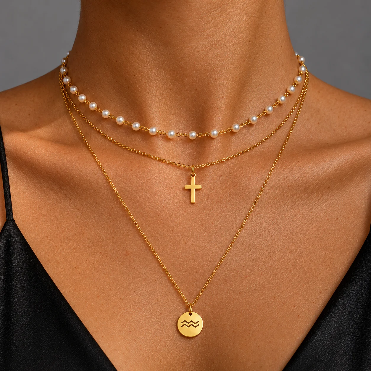 Layered necklace set with faux pearl choker, cross pendant chain, and zodiac pendant necklace in waterproof gold or silver stainless steel