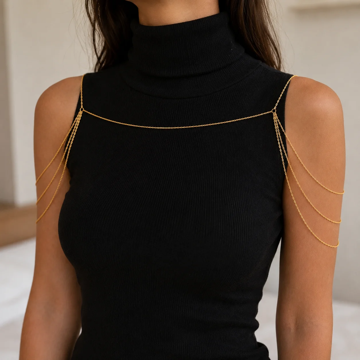 Delicate gold tone stainless steel shoulder chest chain for layered statement jewelry styling