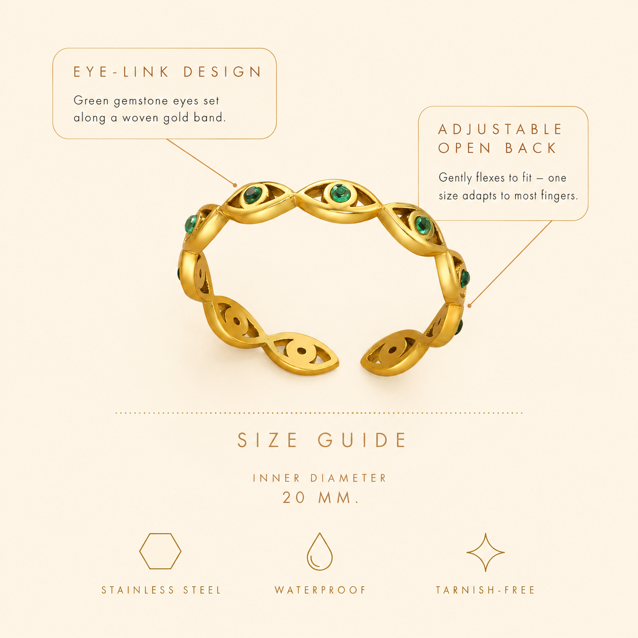 Gold evil eye woven band ring with green cubic zirconia gemstones, adjustable stainless steel ring
